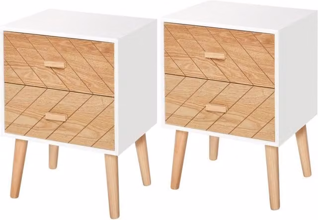 HOMCOM Set of 2 Retro Bedside Cabinets with Pine Wood Legs in Brown, Beige and White – 1