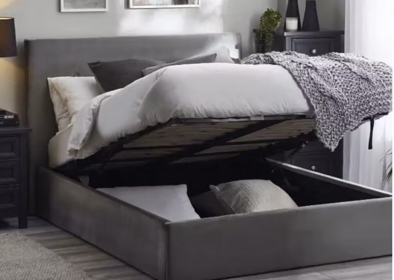 Happy Beds Shoreditch Grey Velvet Upholstered Ottoman Storage Bed Frame, H 167 cm x W 150 cm x D 222 cm