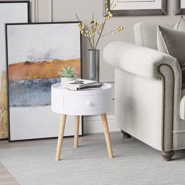 HOMCOM Modern Round Coffee Table with Drawer in White