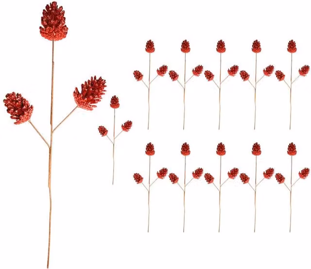 Shatchi Red Glitter Pine Cone Christmas Picks, 12 Pack, Height: 58 cm