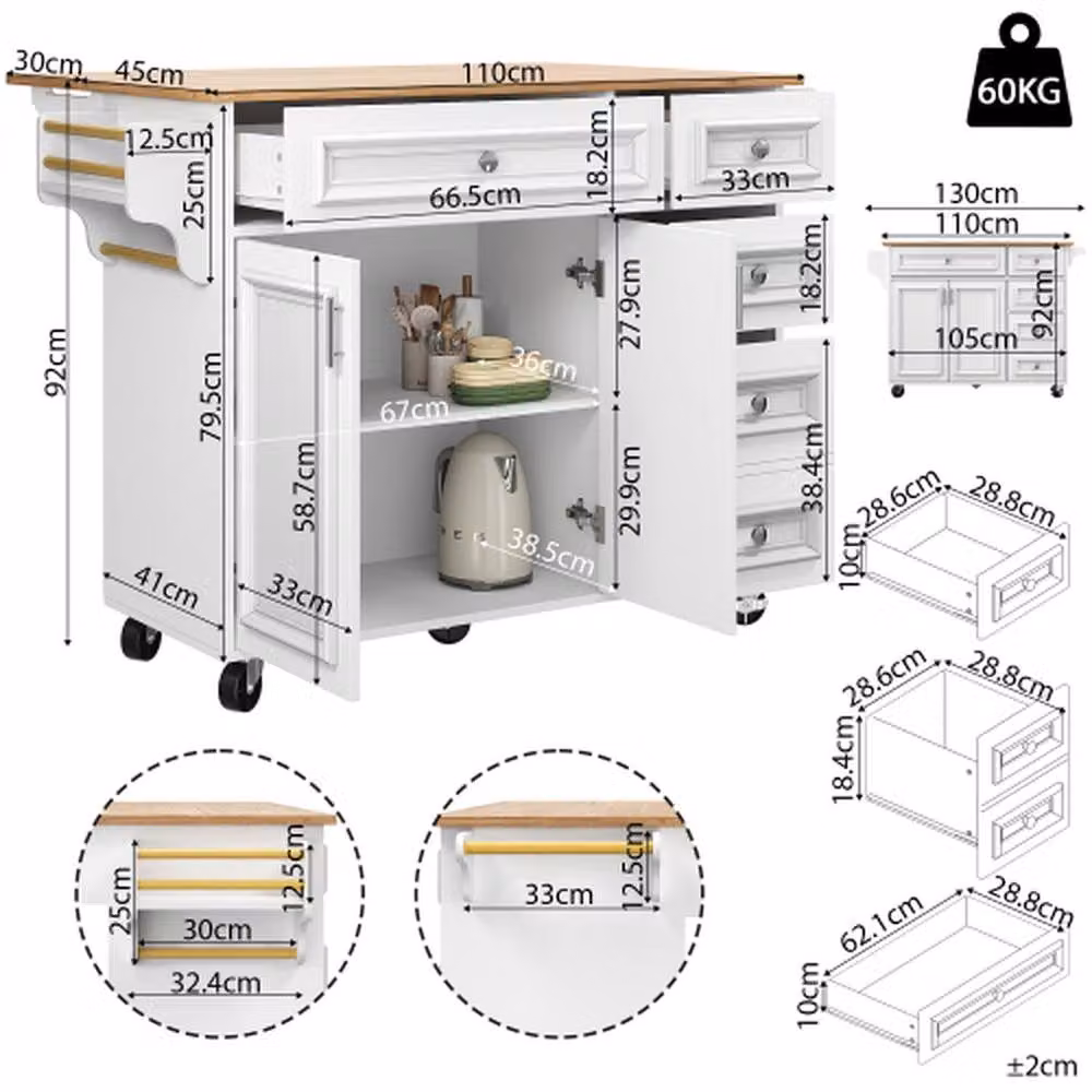 Merax Mobile Kitchen Island Serving Trolley with Foldable Worktop and 4 Drawers, White, W/D/H: 92 x 75 x 110 cm – 3