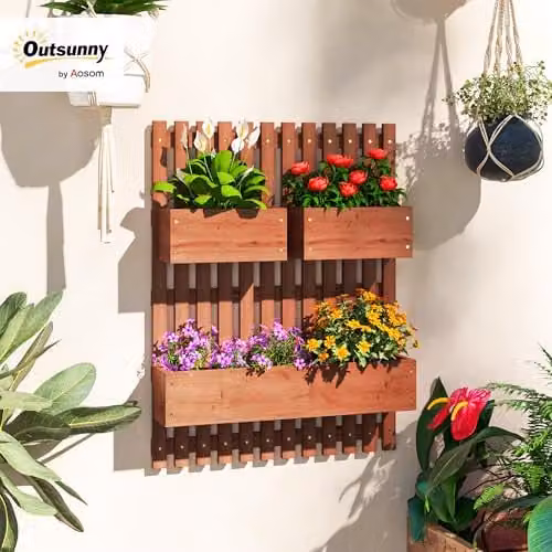 Outsunny Brown Wooden Wall-mounted Garden Planters with Trellis and Tub – 2