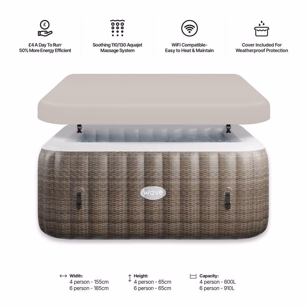 Wave Spas Wave Pacific 6-Person Inflatable Square Hot Tub with Integrated Heater, Brown – 3