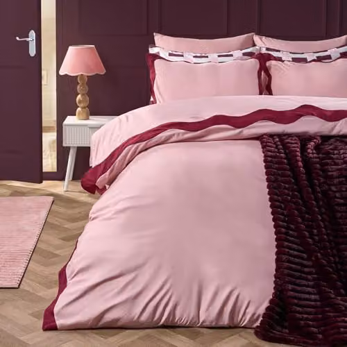 OHS Single Microfibre Polyester Duvet Cover and Pillowcase Set with Scallop Edge, Blush/Burgundy, Duvet Cover: 135 x 200 cm, Pillowcase: 50 x 75 cm