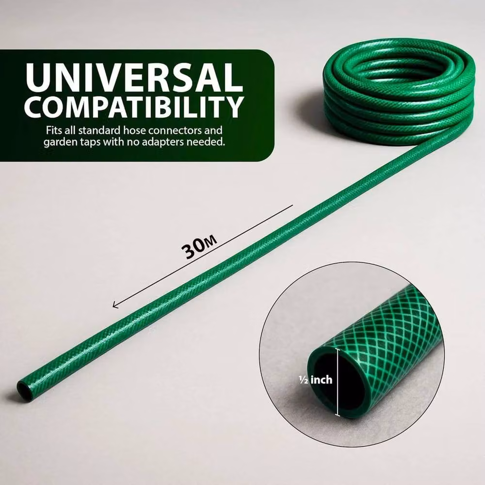 FLAVORA Heavy Duty Reinforced Braided PVC Watering Hosepipe Reel, Green, 30m – 2