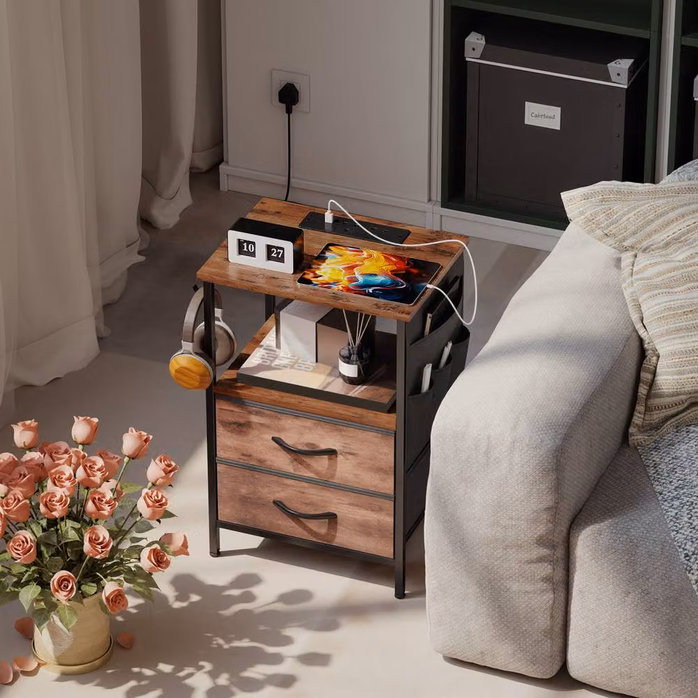 STILVORA Rustic Brown Bedside Table with Charging Station and Storage – 2