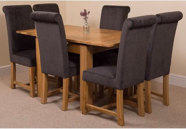 Thats Furniture Richmond Oak Extending Dining Table and 6 Washington Fabric Chairs in Black and Grey