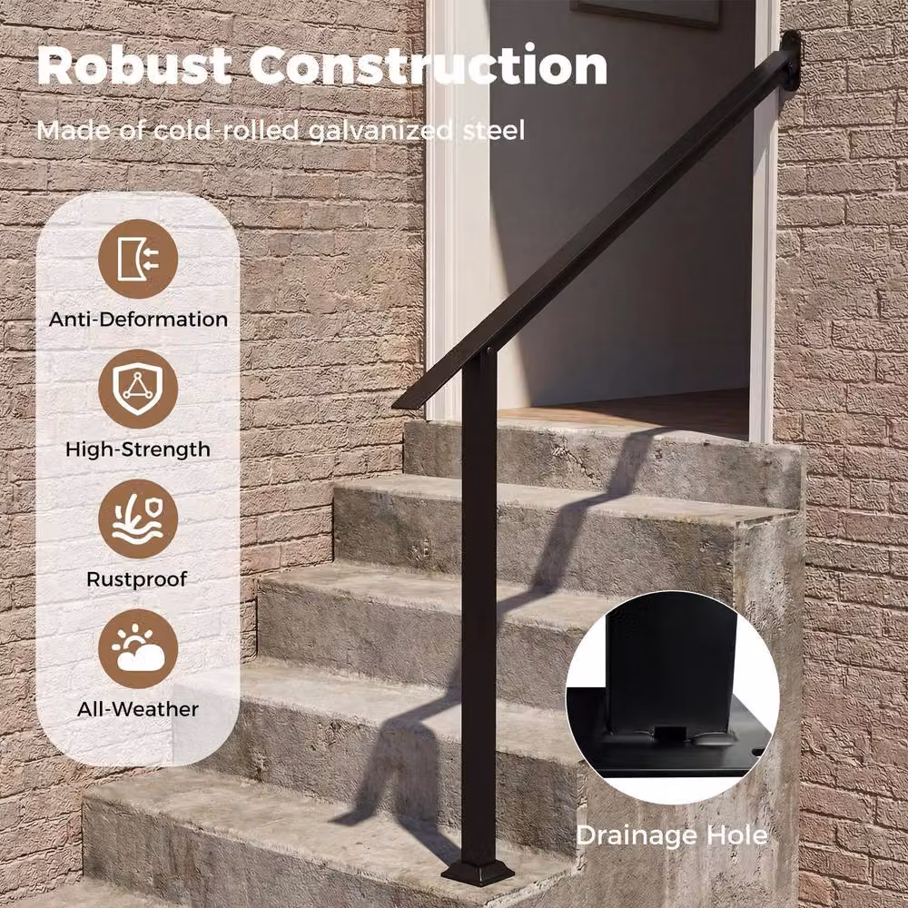 Gymax Adjustable 4-Step Wall Mounted Outdoor Stair Handrail in Black Galvanised Steel – 3