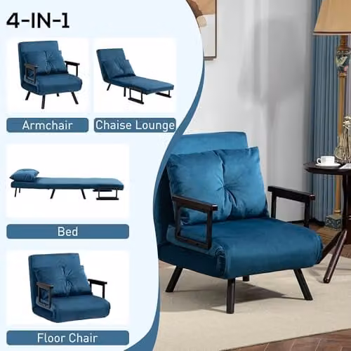HOMCOM Blue Velvet Click Clack Convertible Bed Settee with Armrests – 4