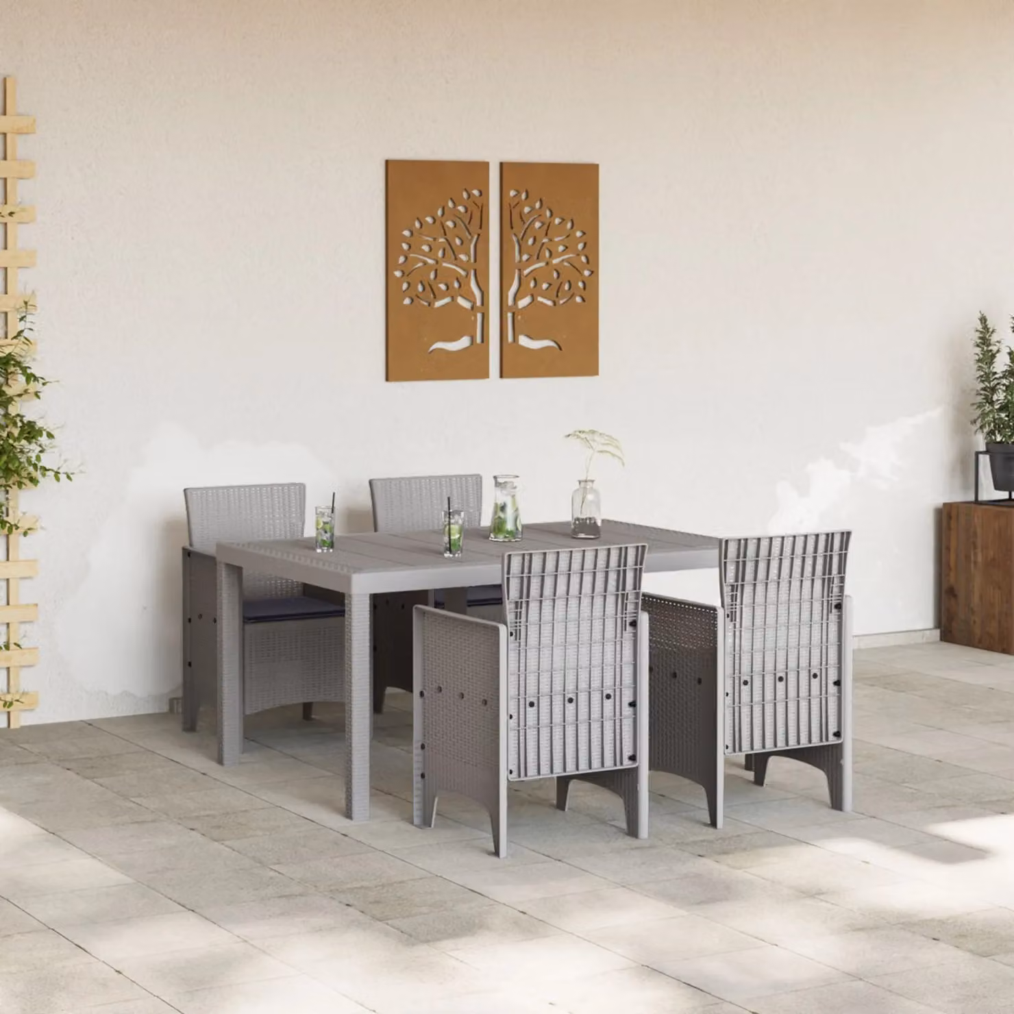 Berkfield Home 5 Piece Modern Poly Rattan Garden Dining Set with Light Grey Cushions – 3