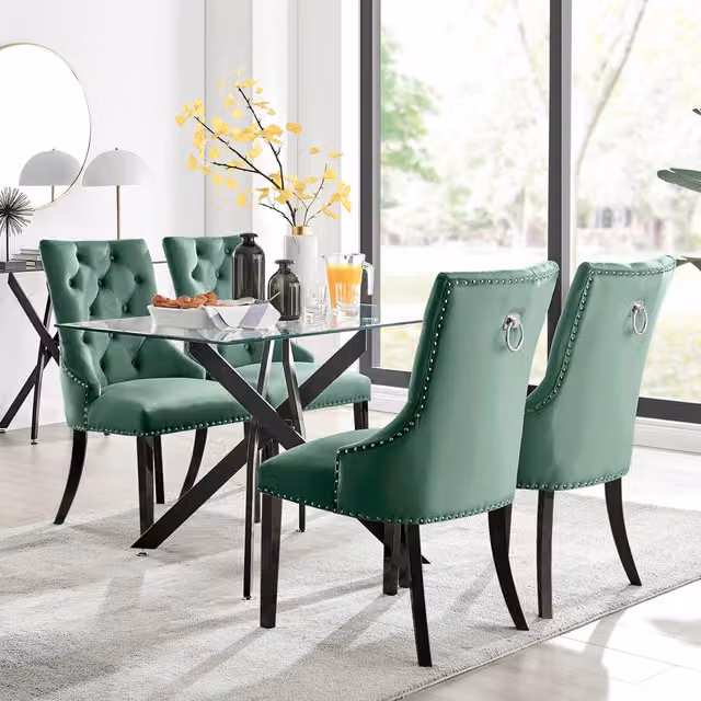FurnitureboxUK Leonardo Glass Dining Table with 4 Belgravia Black Leg Chairs in Green