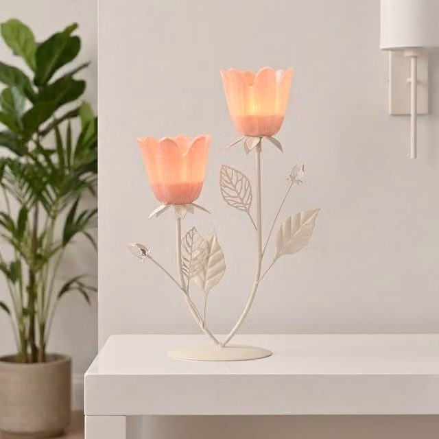 Garden Greatness Decorative Floral Metal Double Candle Holder Set in Pink, Cream and Multicolour, Pack of 2