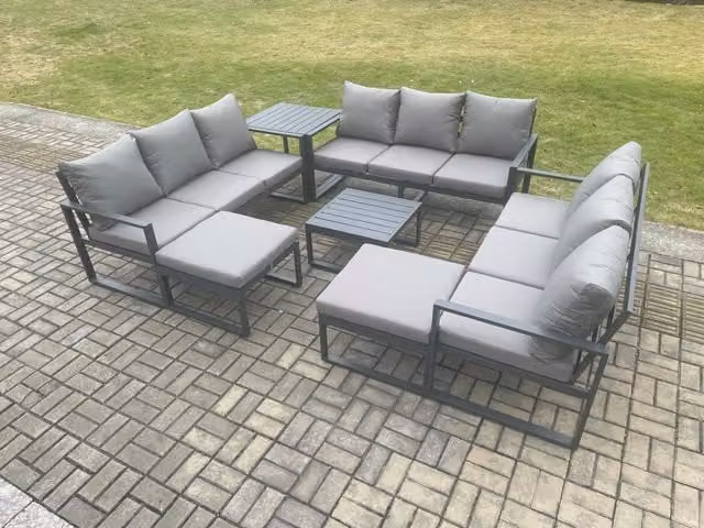 Fimous Aluminium Outdoor Garden Furniture Set in Dark Grey with L-Shape Sofa, Coffee Table and Two Ottomans