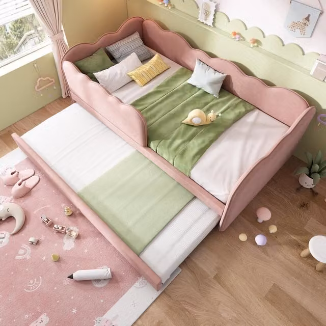 Aosom UK Pink Upholstered Daybed with Pull-Out Trundle and Iron Frame, W/D/H: 197 x 99 x 70 cm