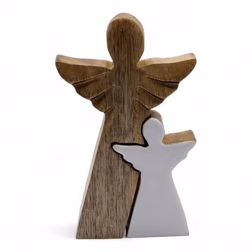 Serenityy White Enamel Mango Wood Double-Angel Tabletop Ornament, W/D/H: 9 x 2 x 15 cm – 1