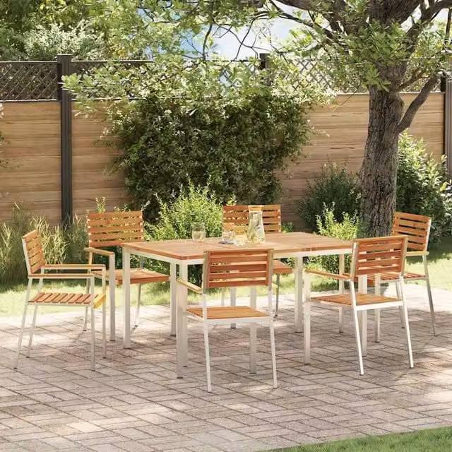 Berkfield Home 7 Piece Garden Dining Set in Brown Solid Acacia Wood and Stainless Steel – 1
