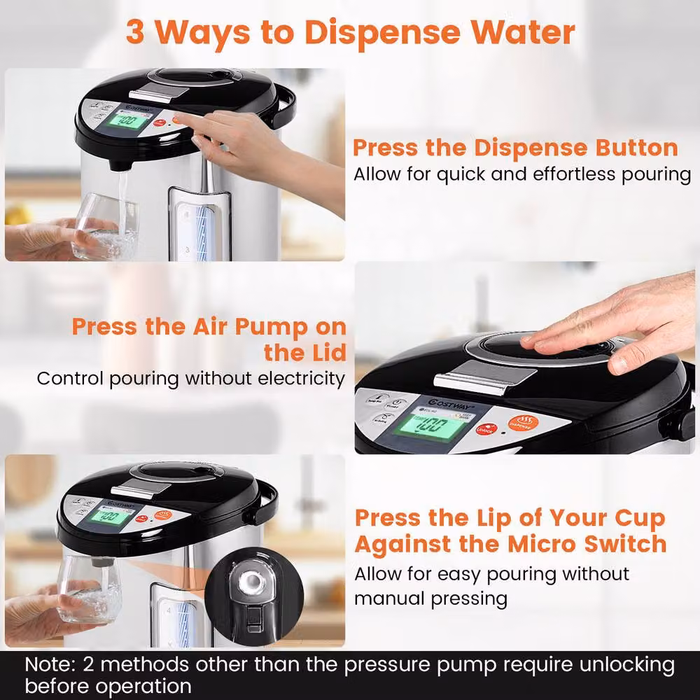 Costway Instant Hot Water Dispenser Thermo Pot with 5 Temperature Settings, 5L Capacity, Silver and Multicolour – 4