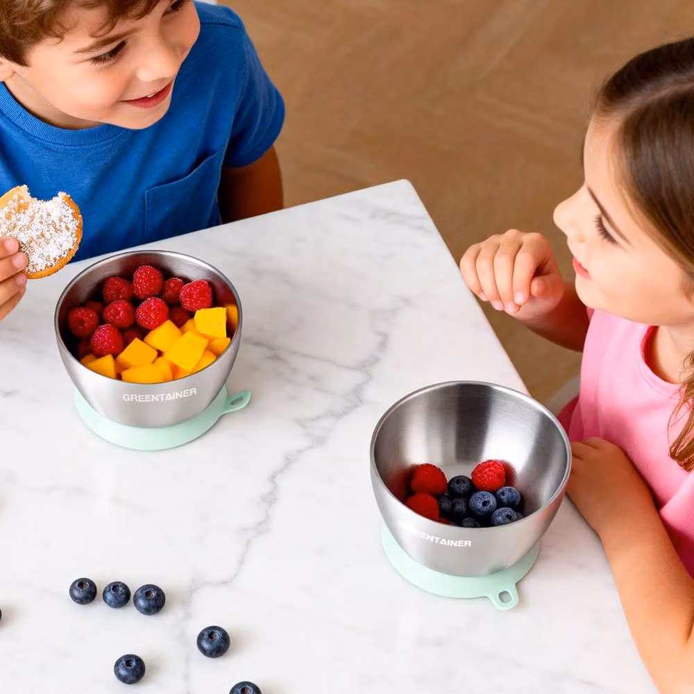 Greentainer 3-Piece Unbreakable Double-Wall Insulated Baby Bowl Set in Green – 5