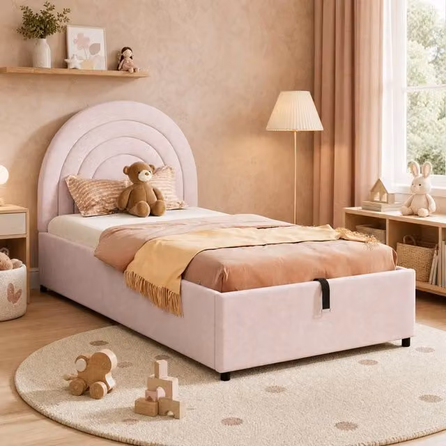 STILVORA Pink Velvet Single Storage Bed with Hydraulic Lift-Up Base – 1