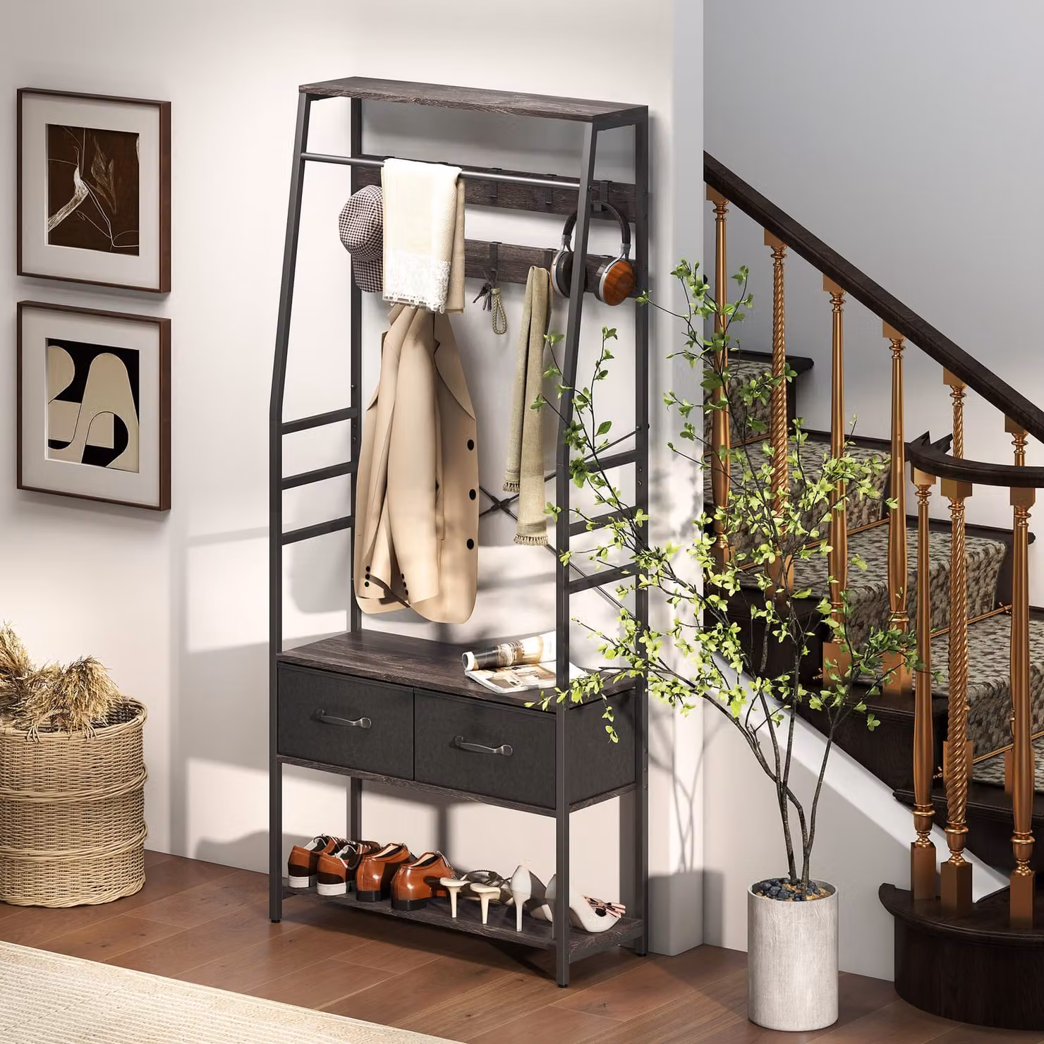 HOMCOM Industrial Hall Tree with Shoe Bench and Storage, Grey – 6