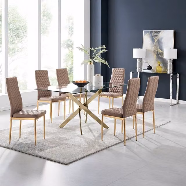 FurnitureboxUK Leonardo Gold Dining Table with Six Milan Gold Leg Chairs in Cappuccino