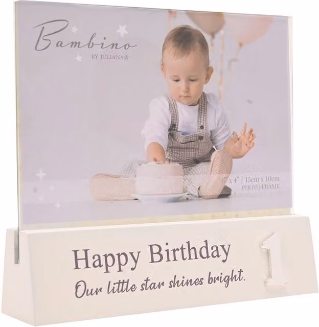 Bambino by Juliana 1st Birthday Single Photo Block Frame in White and Silver, W: 15 cm, H: 15 cm, D: 1 cm