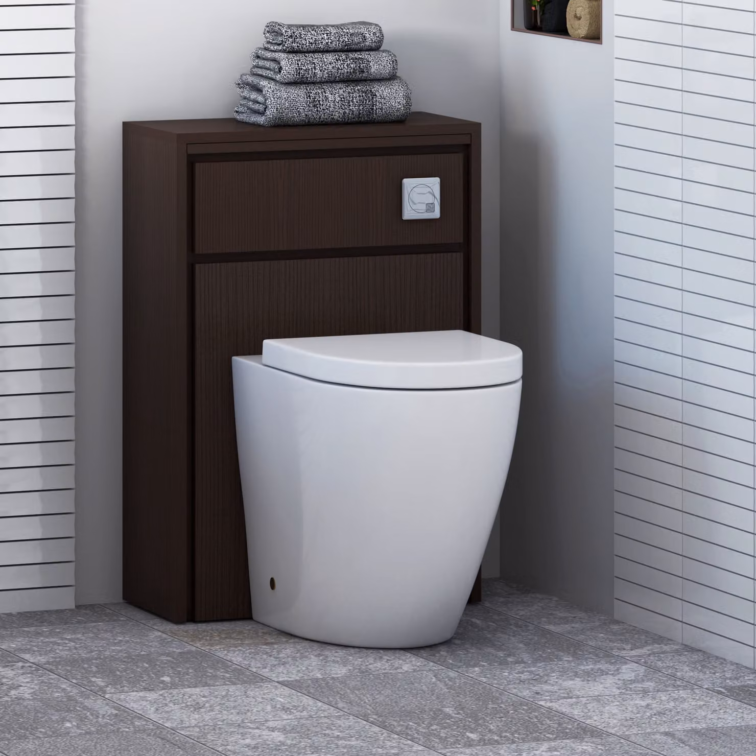 Livora BTW WC Unit in Walnut Woodgrain with Elva Rimless Short Projection Ceramic Toilet Pan, Seat and Cistern, White and Brown, W: 55.5 cm