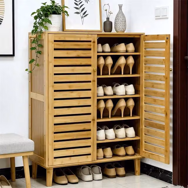 KORVIXA 2 Door Wooden Shoe Storage Cabinet in Brown, W/D/H: 100 x 100 x 100 cm