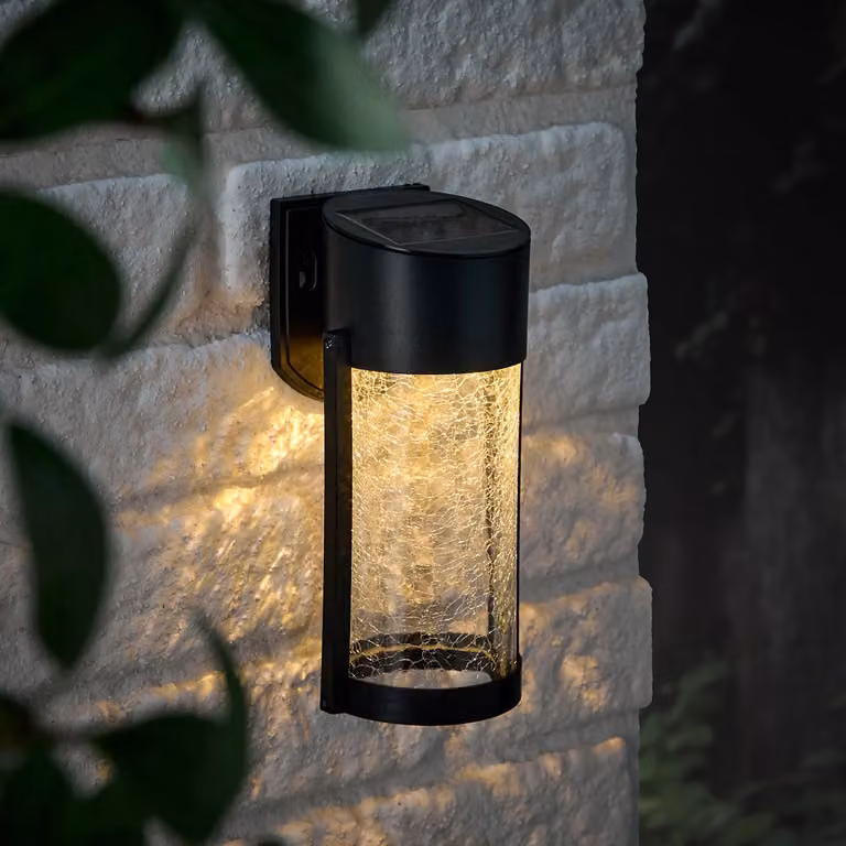 Lyme Crackle Glass Solar Wall Light in Black with Transparent Glass and Warm White LED