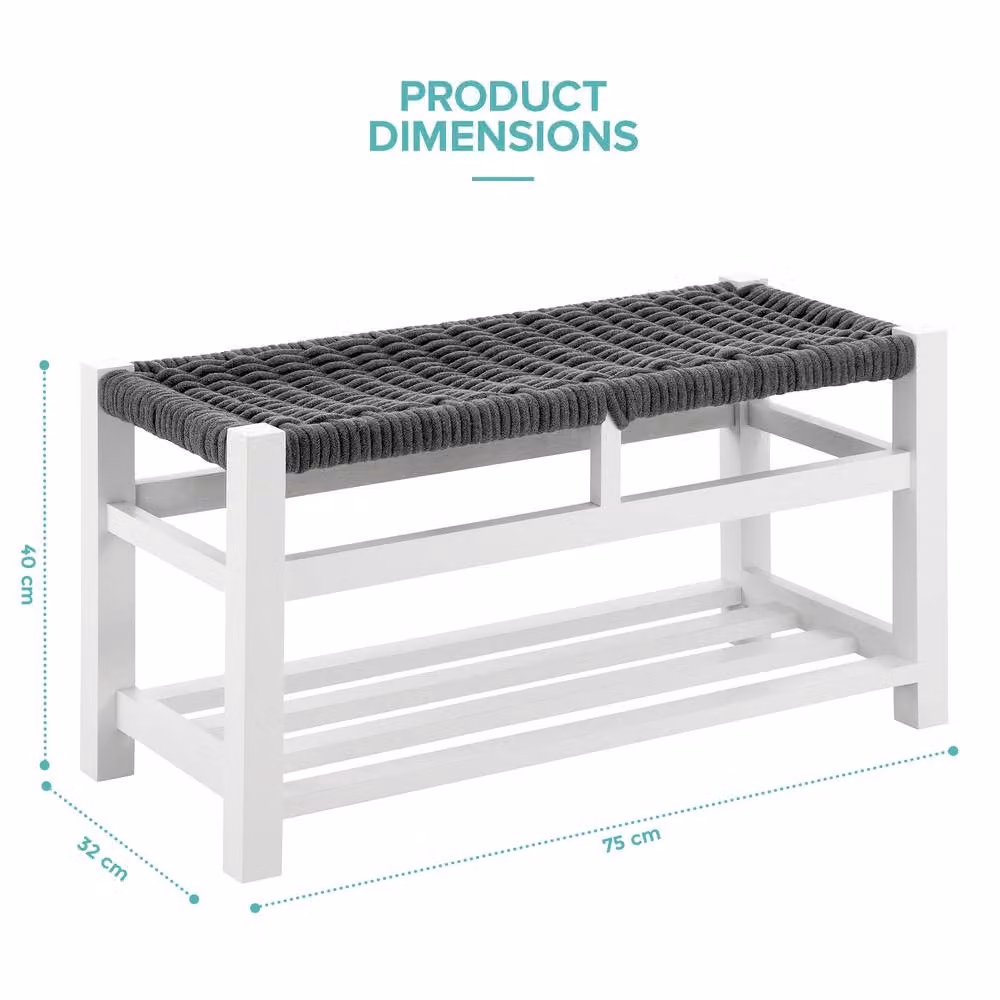 LIVIVO Habi Scandinavian Style Hallway Shoe Bench in Grey and White with Rattan Fabric Storage – 3