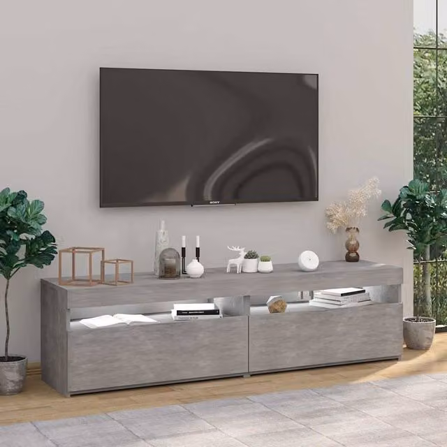 Berkfield Home Set of 2 Modern TV Cabinets with LED Lights in Concrete Grey, W/D/H: 75 x 35 x 40 cm