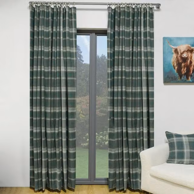 Divante Highbury Check Thermal Insulating Opaque Fabric Panel Curtains in Green, W: 137 cm, H: 168 cm