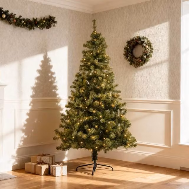 Shatchi Green Alaskan Pine Christmas Tree with Warm White LEDs, 8ft