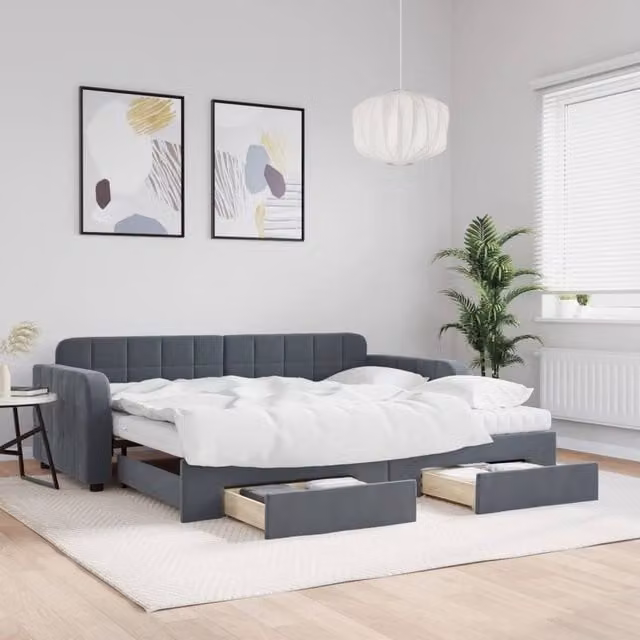 Berkfield Home Velvet Daybed with Trundle and Drawers in Dark Grey, W/D/H: 90 x 190 cm – 1