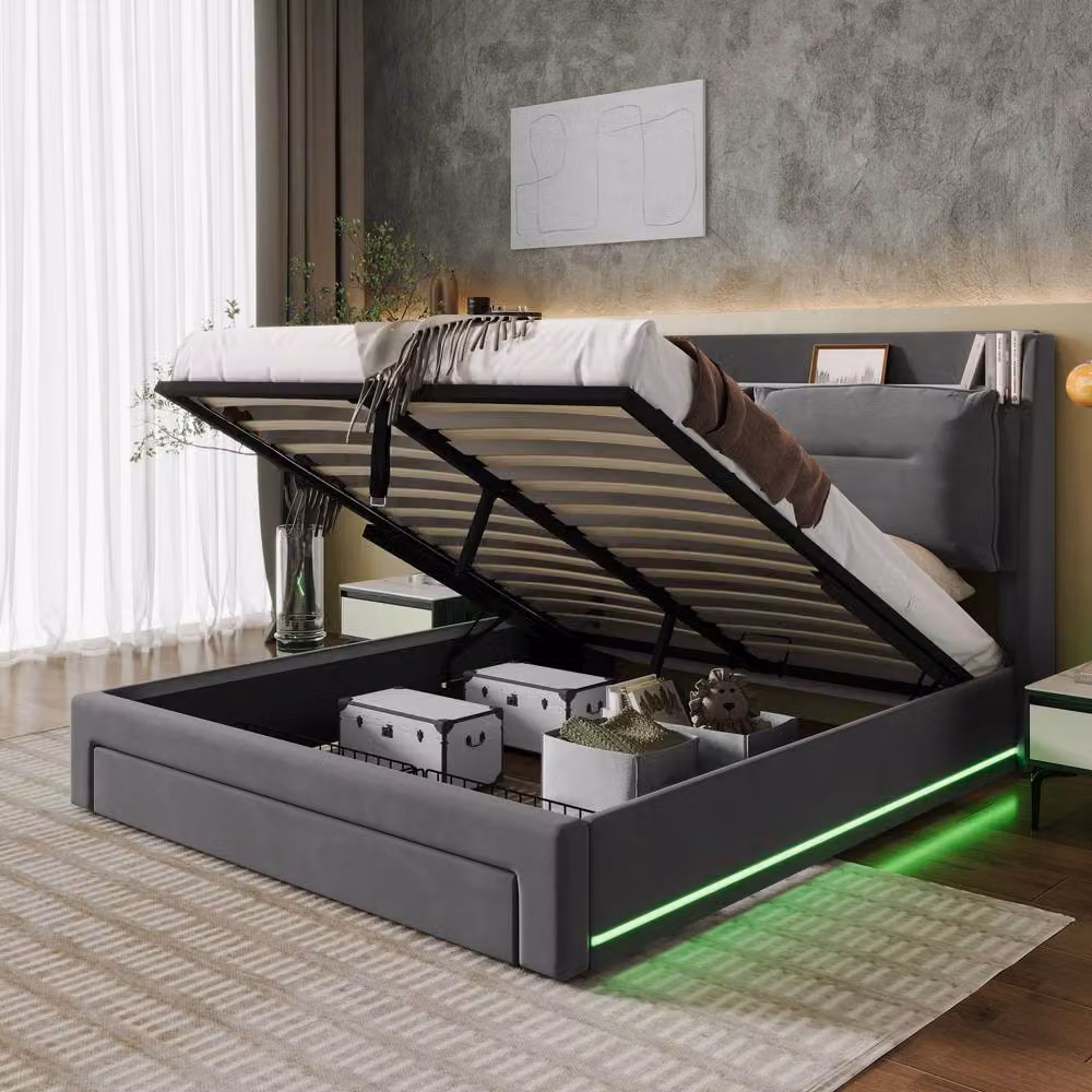 Merax Grey Velvet Double Ottoman Storage Bed with LED Under-Bed Lighting and Cushion Headboard, W/D/H: 140 x 200 x 135 cm – 3