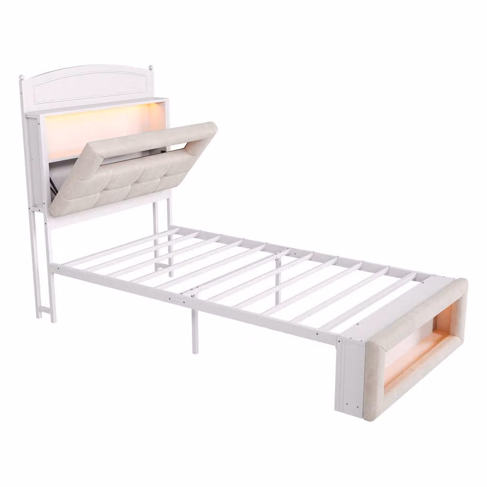 Matteo Single Storage Bed Frame in Beige Velvet with Under-Bed Lighting and Side Compartments, W/D/H: 90 x 190 cm – 3