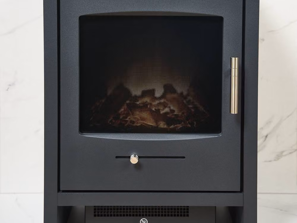 Acantha Fires & Fireplaces Tile Hearth Set in White Marble Effect with Bergen Stove and Angled Pipe in White and Grey – 4