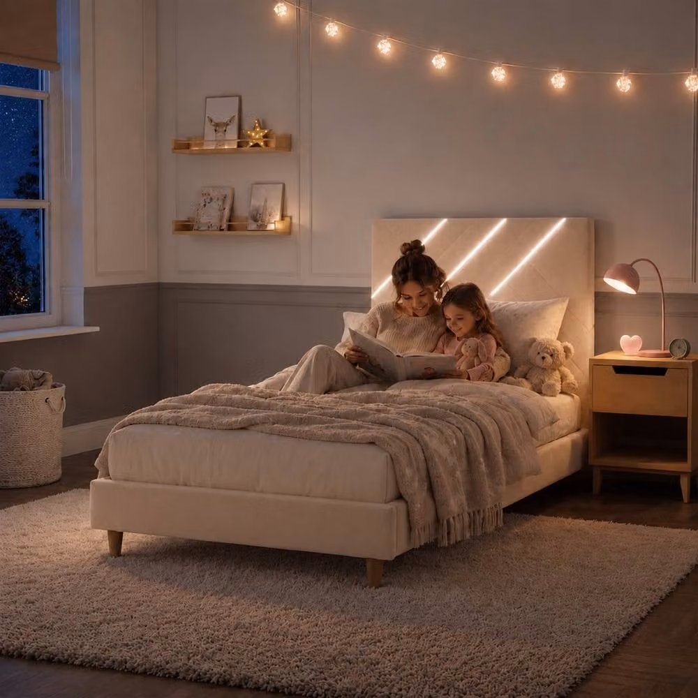 X Rocker Lily Single Bed Frame in Ivory Velvet with Under-Bed LED Lighting, W/D/H: 90 x 200 cm – 2