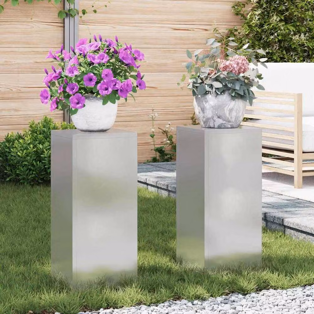 Berkfield Home Outdoor Plant Stand Pillar Set of 2, Silver Stainless Steel, W/D/H: 24 x 24 x 55 cm – 2