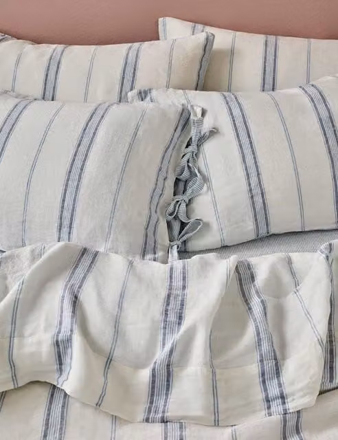 Piglet In Bed 2 Pack Reversible Striped Pure Linen Pillowcases in Blue Mix