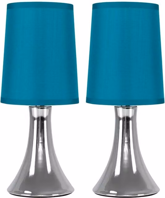 ValueLights Set of 2 Modern Trumpet Touch Table Lamps in Petrol Blue and Chrome