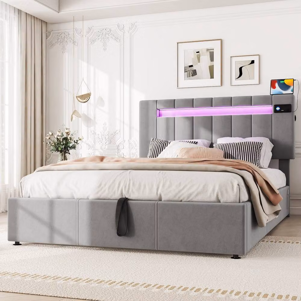 BTM Grey Velvet Bed with Bluetooth, 7-Colour LED Lighting, USB Charging Port and Hydraulic Lift-Up Base, W/D/H: 135 x 190 x 43.5 cm – 2