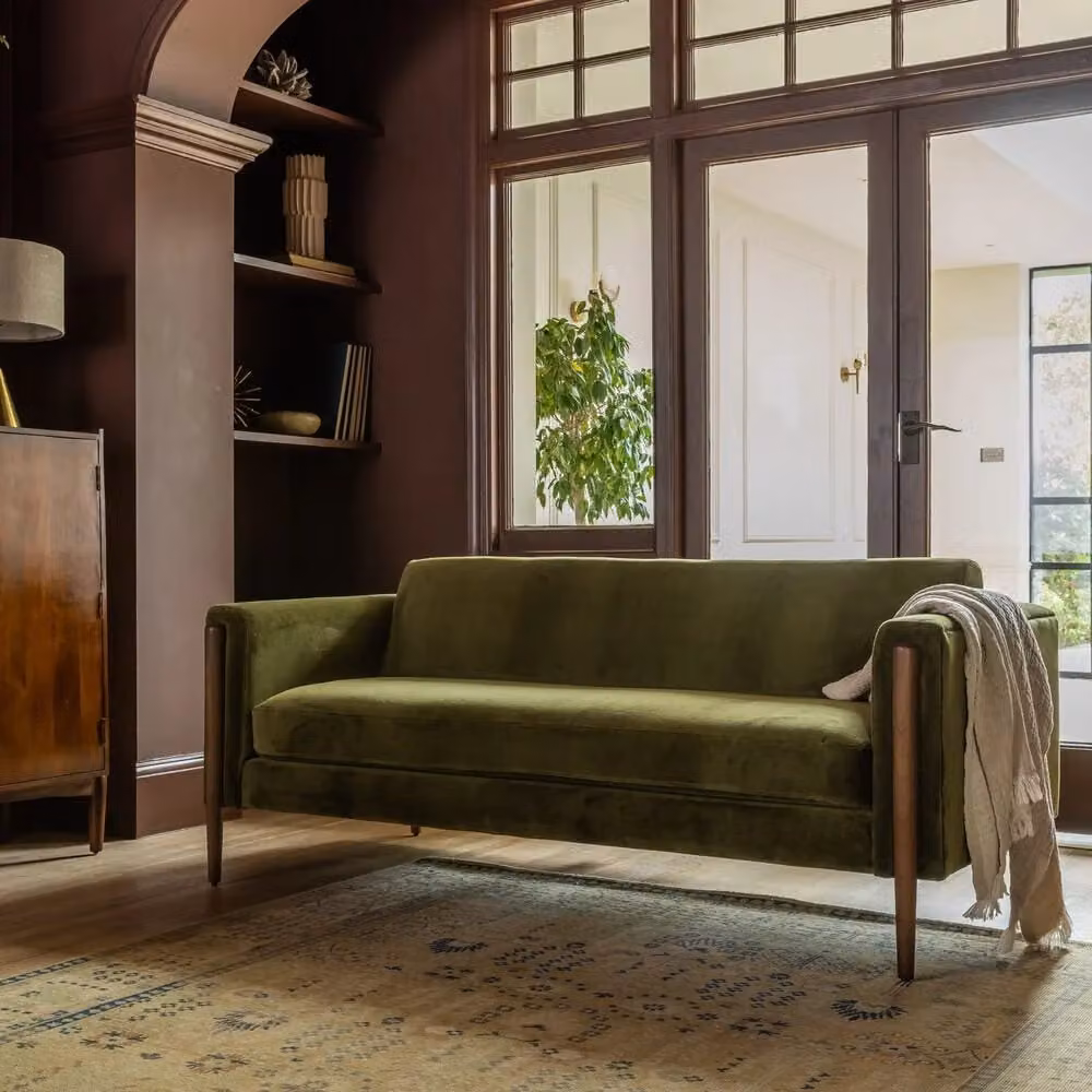 Atkin & Thyme Lexington 3 Seater Velvet Sofa in Green and Brown with Mango Wood Details