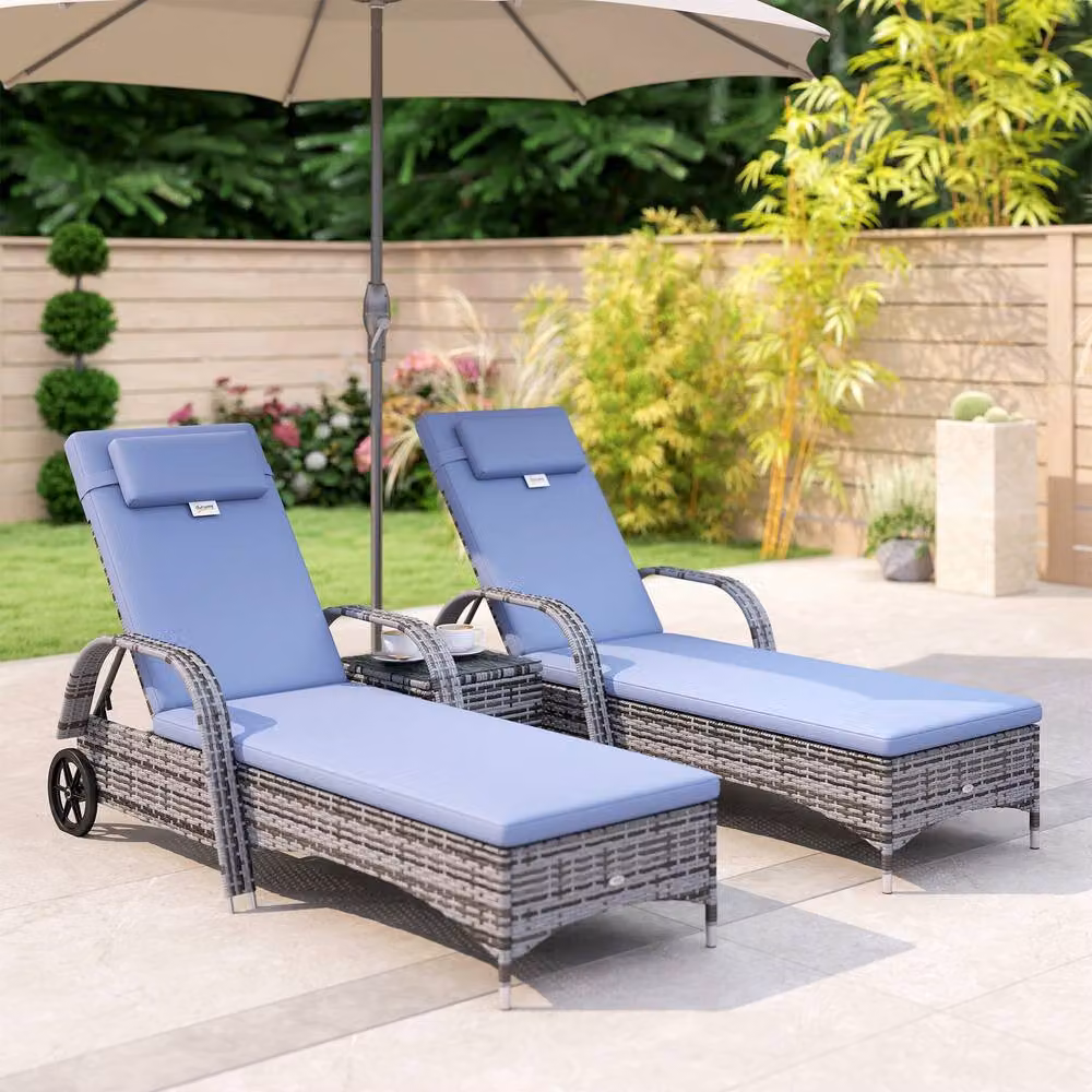 ERGOVEXA 2 Seater Grey Polyrattan Sun Lounger Set with Side Table and Adjustable Headrests – 4