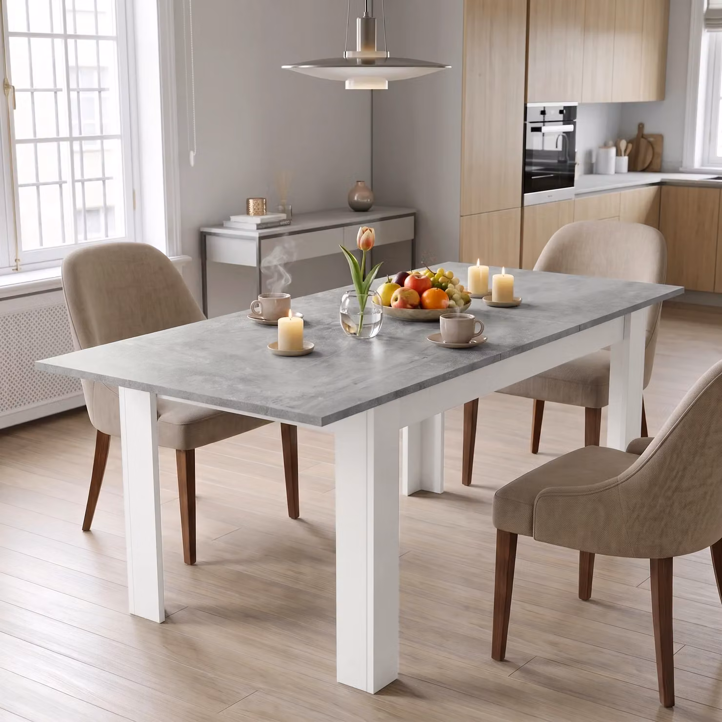 Milo 6 to 8 Seater Extendable Dining Table in Concrete Grey and White, W/D/H: 170 x 90 x 76 cm