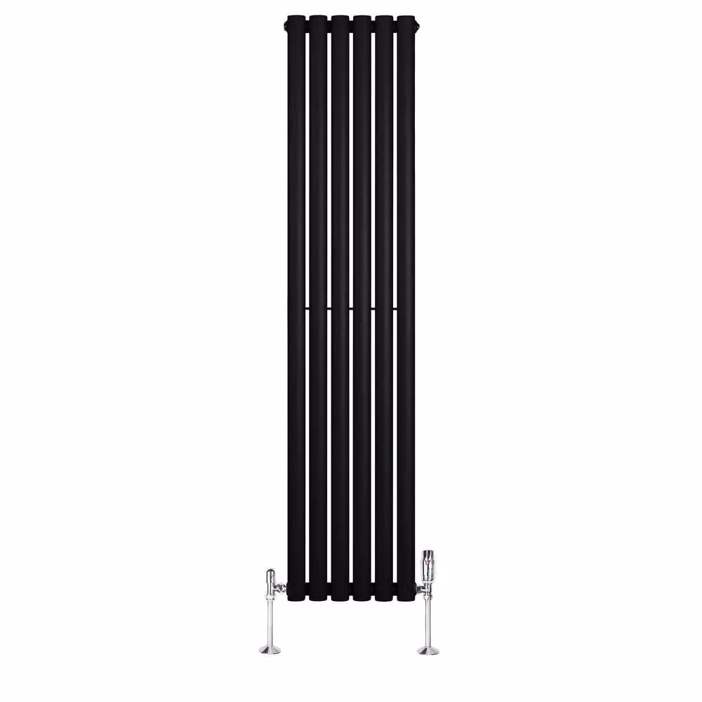 Monstershop Oval Single Column Steel Radiator with Integrated Valves and Thermostat Head, Black, H: 160 cm, W: 36 cm – 2