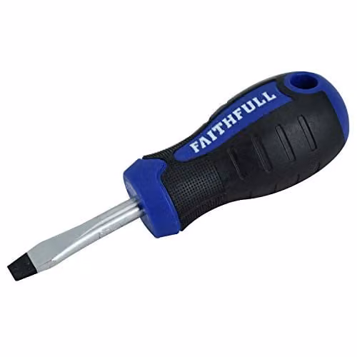 Faithfull Soft-Grip Stubby Flared Slotted Screwdriver in Blue and Black, Chrome Vanadium Steel, 6.5mm x 38mm