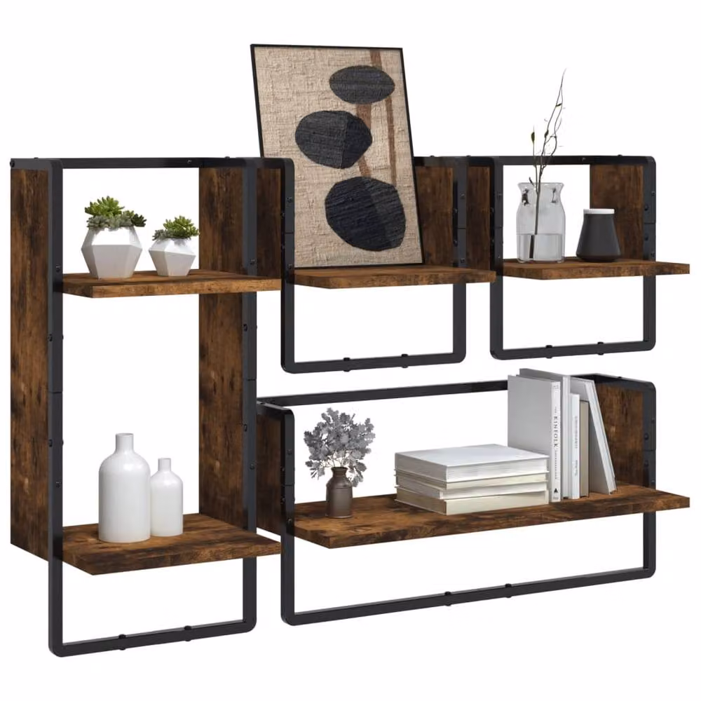 Berkfield Home 4 Piece Smoked Oak Wall Shelf Set with Hanging Rods in Brown – 3