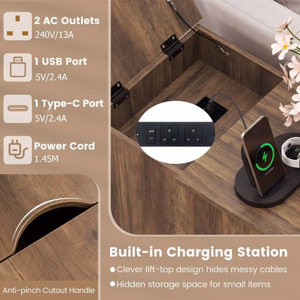 Gymax Brown Farmhouse End Table with Charging Station and Cabinet – 4