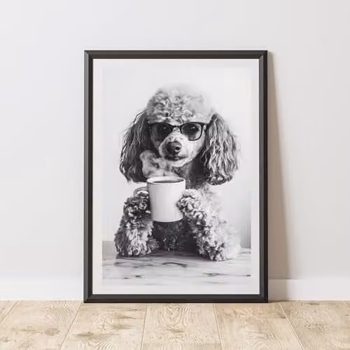 60 Second Makeover Funny Poodle Drinking Coffee Multicolour Paper Poster, A4